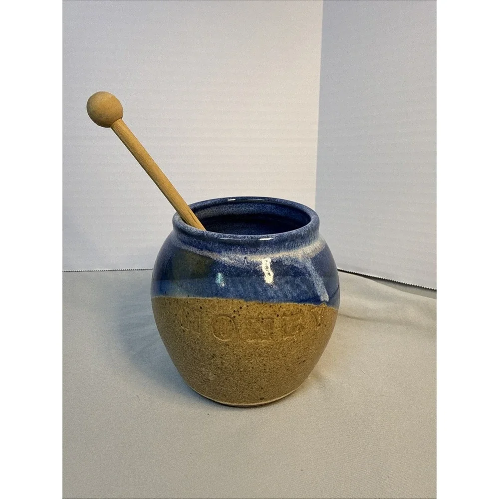 Vintage Butler Studio Art Pottery Honey Pot Jar w/ Wood Dipper Blue Glaze Signed